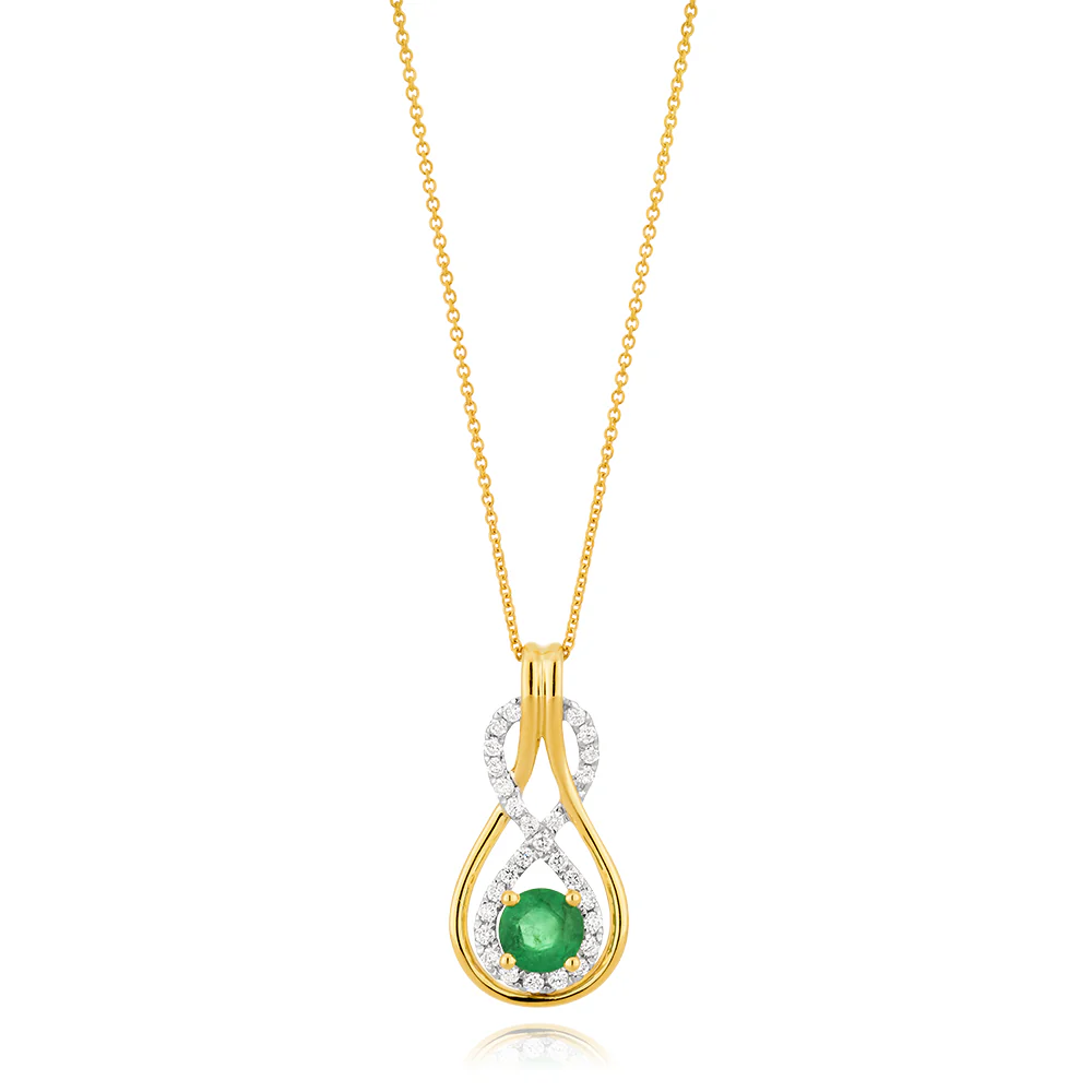 9ct Yellow Gold Natural Emerald 5mm + Diamond 0.22ct Infinity Pendant + 45cm Chain