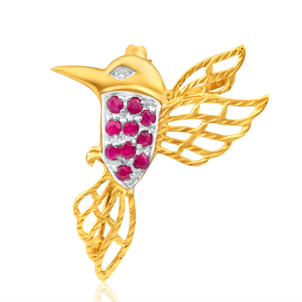 9ct Yellow Gold Natural Ruby and Diamond Hummingbird Brooch