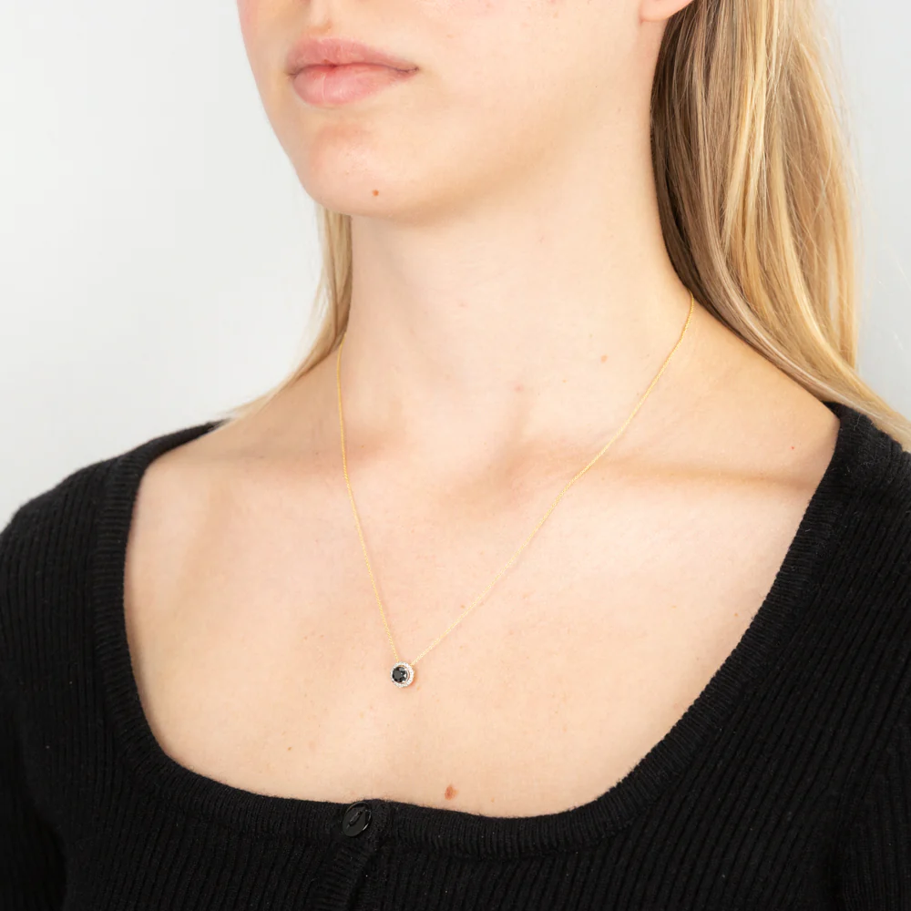 9ct Yellow Gold Natural Sapphire and Diamond Halo Pendant on 45cm Chain - Image 2