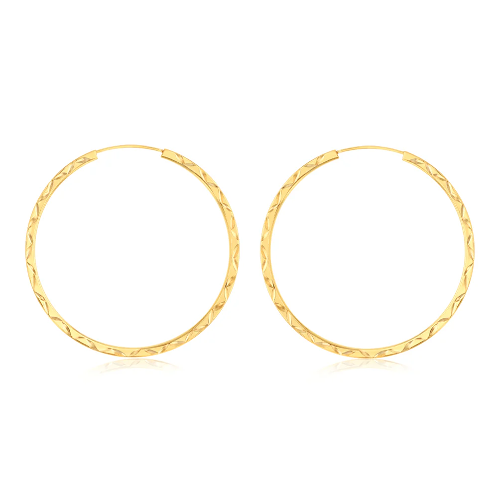 9ct Yellow Gold Patterned 30mm Sleeper Earrings