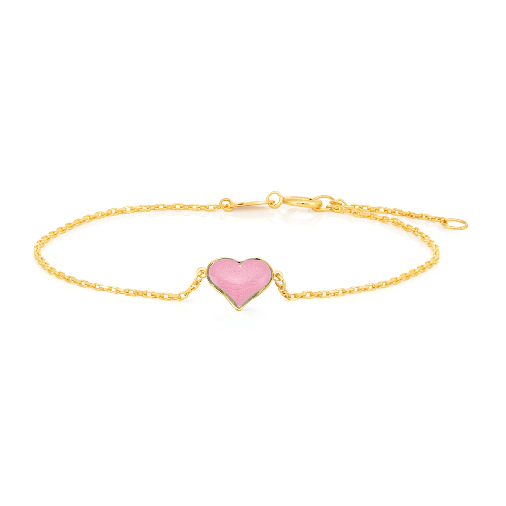 9ct Yellow Gold Pink Cubic Zirconia Heart Charm attached on 17cm Trace Link Bracelet - Image 3
