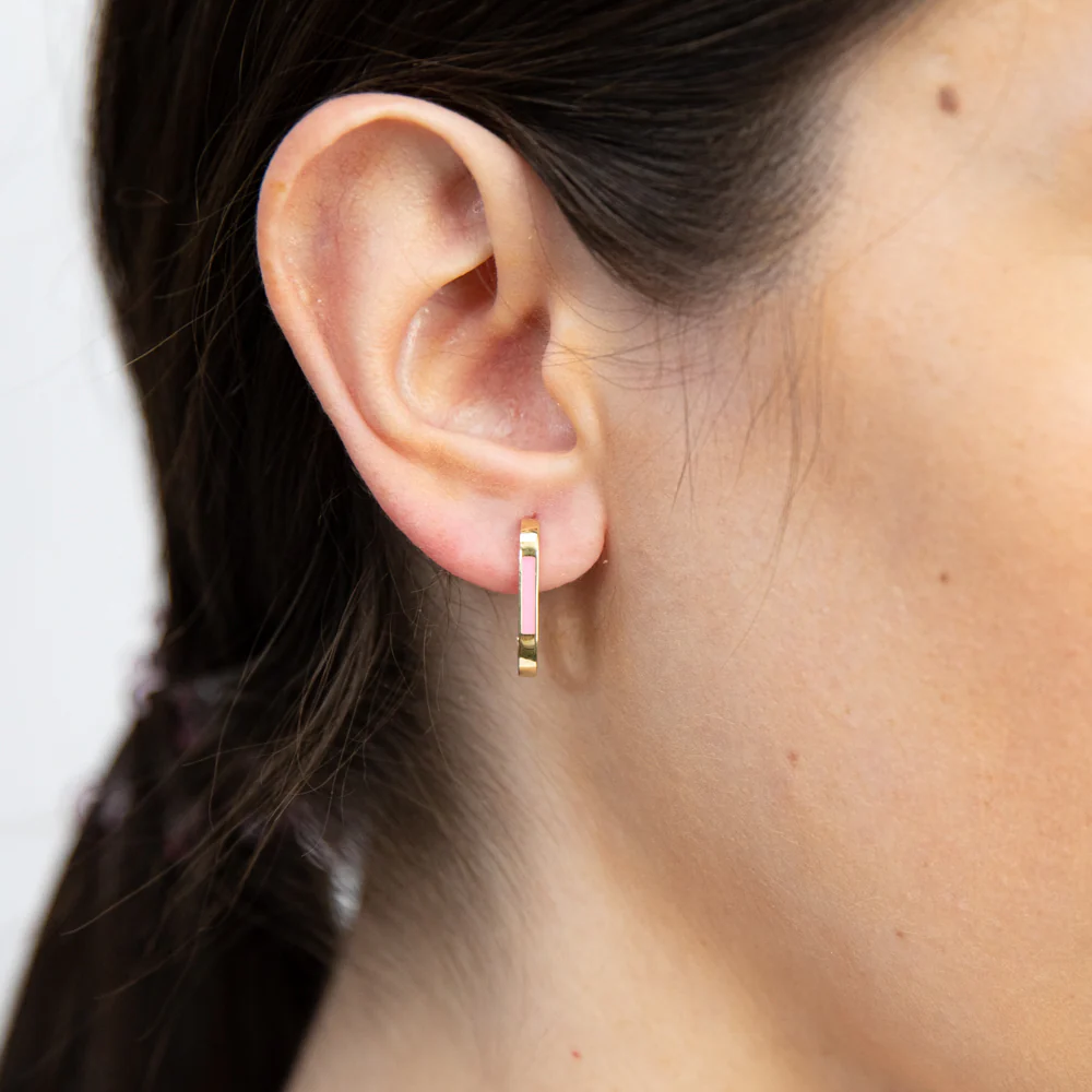 9ct Yellow Gold Pink Enamel On Square Hoop Earrings - Image 3