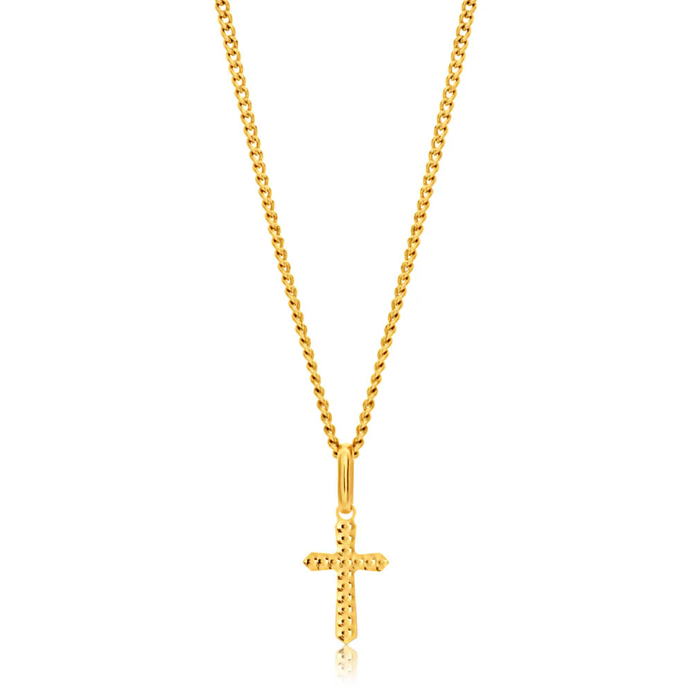 9ct Yellow Gold Plain & Diamond Cut 11mm Cross Pendant