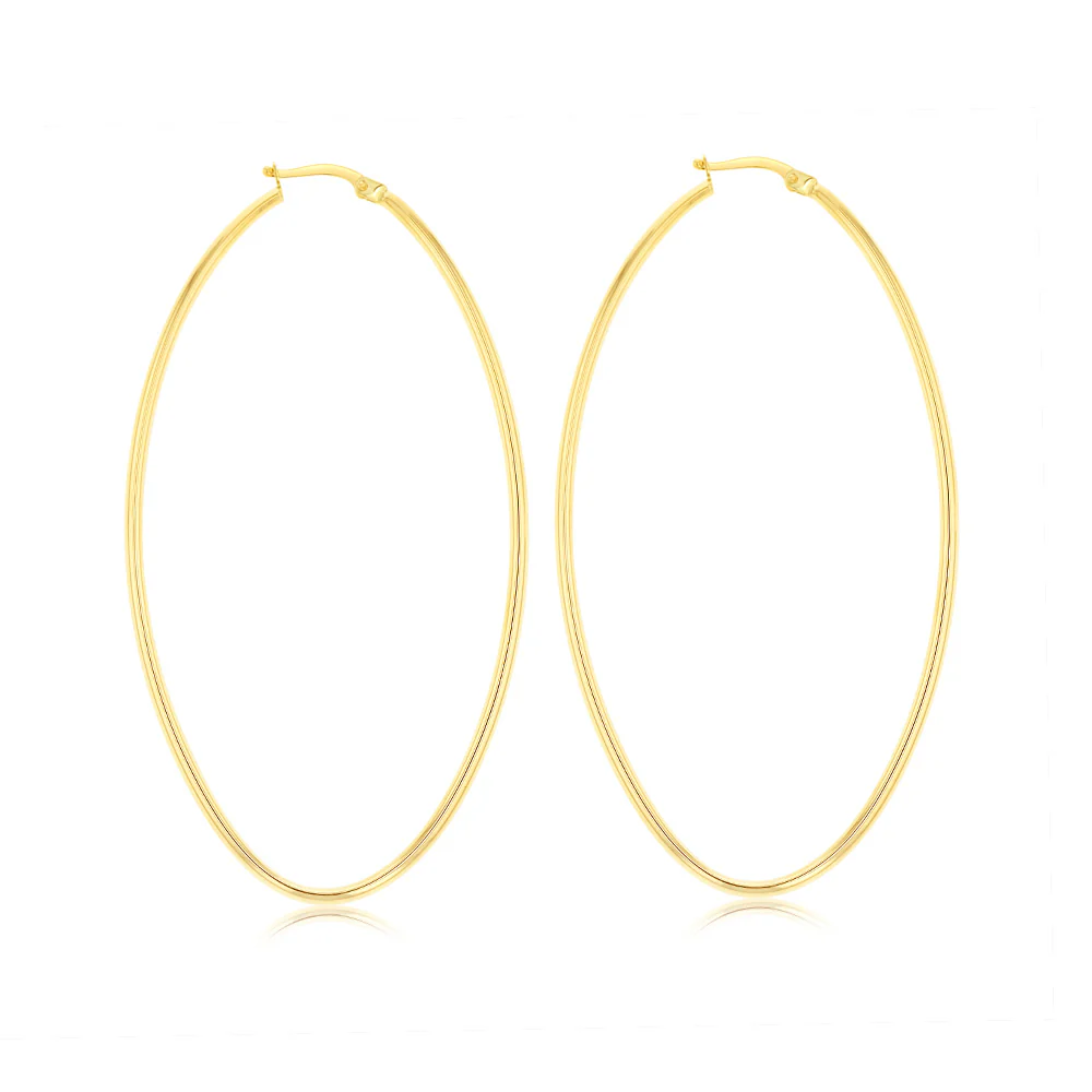 9ct Yellow Gold Plain Large Oval Hoop Earrings