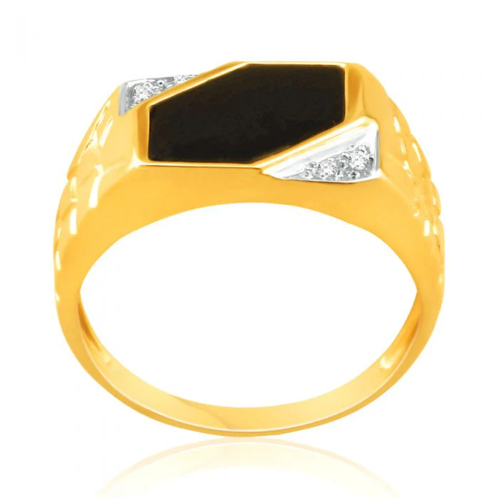 9ct Yellow Gold Plain Onyx and Diamond Patterned Side Gents Ring - Image 2