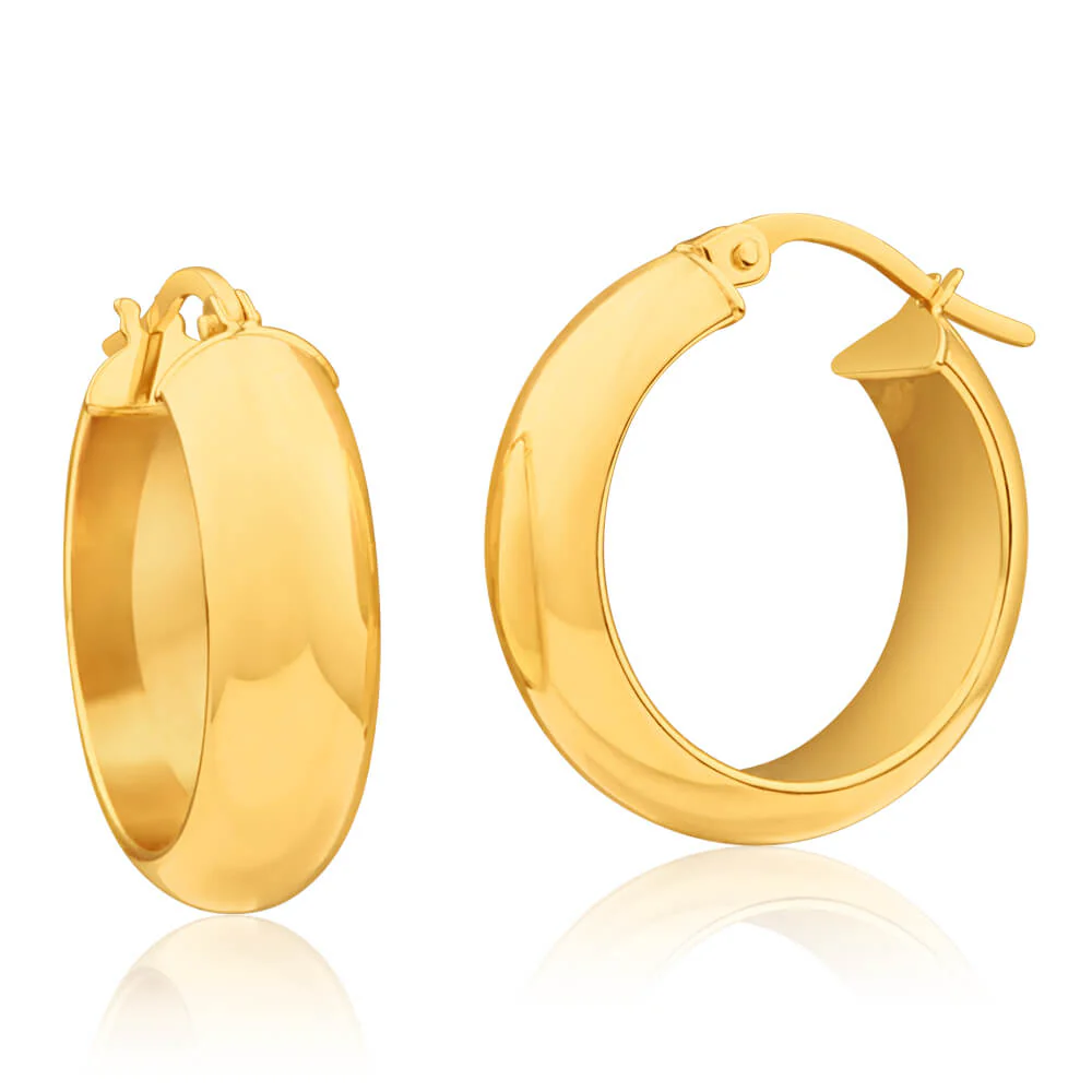 9ct Yellow Gold Plain Round  15mm Hoop Earrings