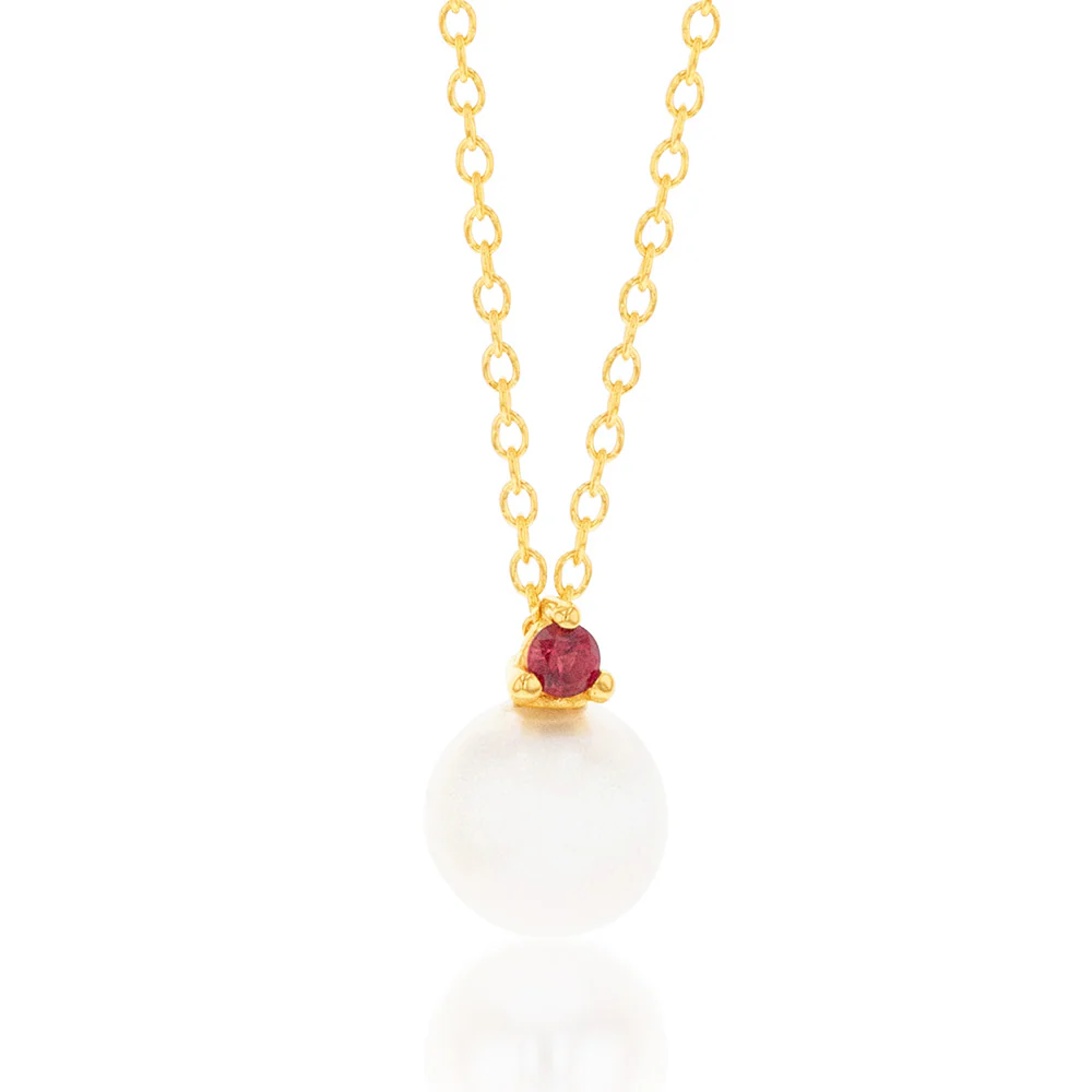 9ct Yellow Gold Red Cubic Zirconia And Pearl Pendant On Chain - Image 2
