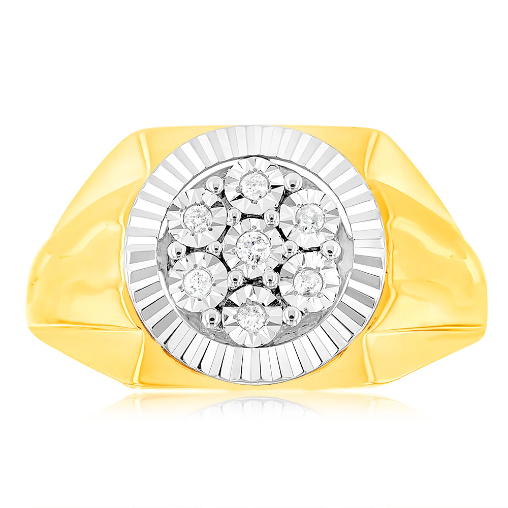 9ct Yellow Gold & Rhodium Diamond Gents Ring Set With 7 Diamonds - Image 2