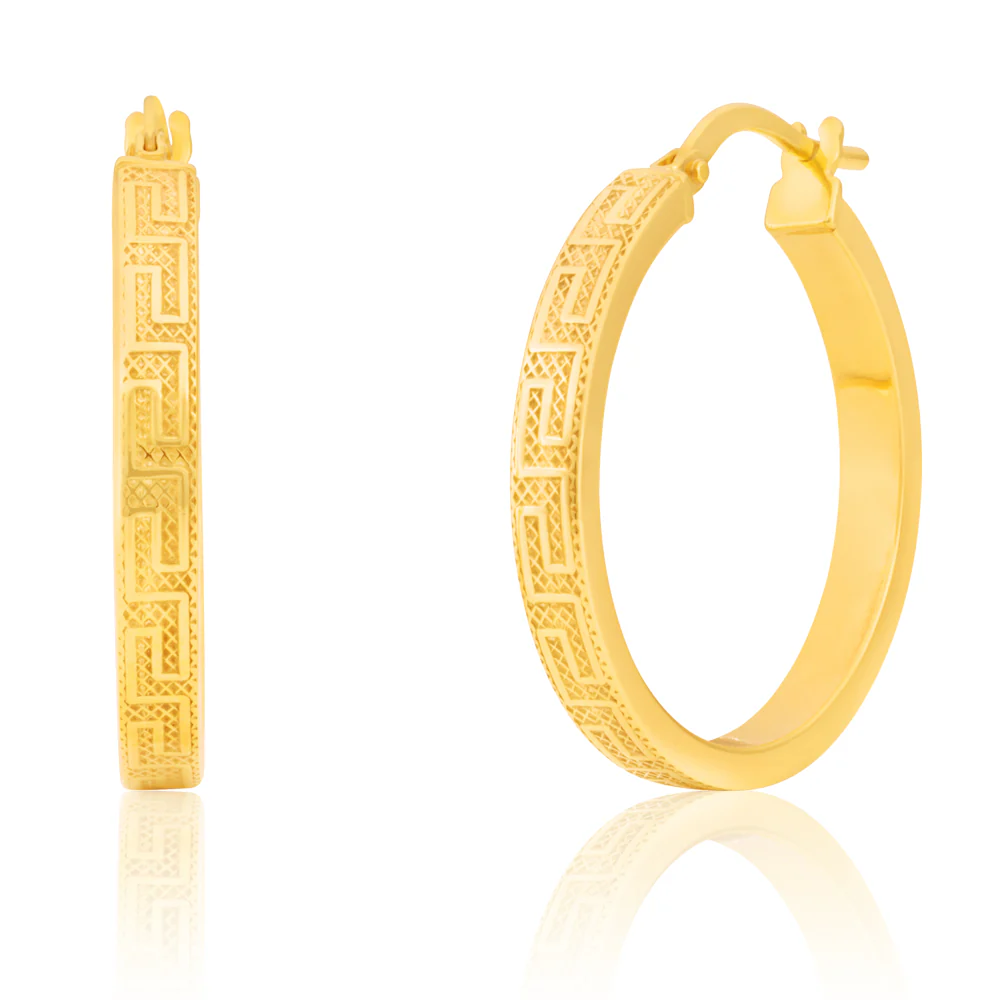 9ct Yellow Gold Silver Filled 20mm Hoop Earrings with Greek Key of Life Design