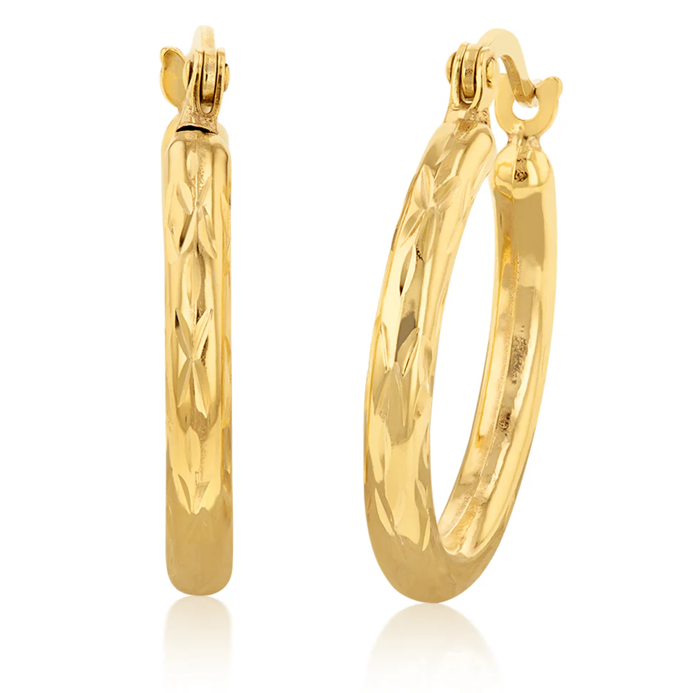 9ct Yellow Gold  Silver Filled Diamond Cut 12mm Hoop