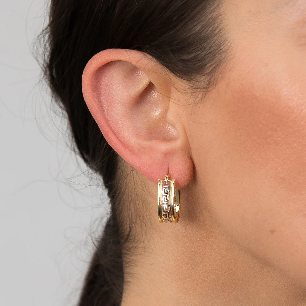 9ct Yellow Gold Silver Filled Oval Hoop Earrings with Greek Key of Life Design - Image 2
