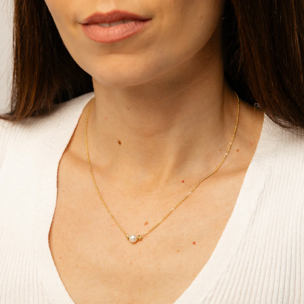 9ct Yellow Gold Silver Filled Pearl and Hammered Rolo Necklace - Image 3