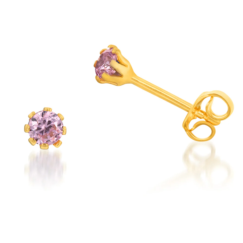 9ct Yellow Gold Silver Filled Pink 3.2mm Cubic Zirconia Stud Earrings