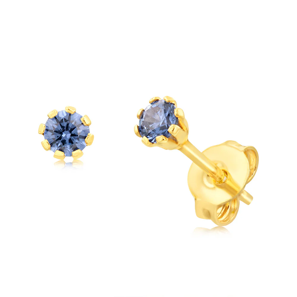 9ct Yellow Gold Silver Filled Tanzenite 3.2mm Cubic Zirconia Stud Earrings