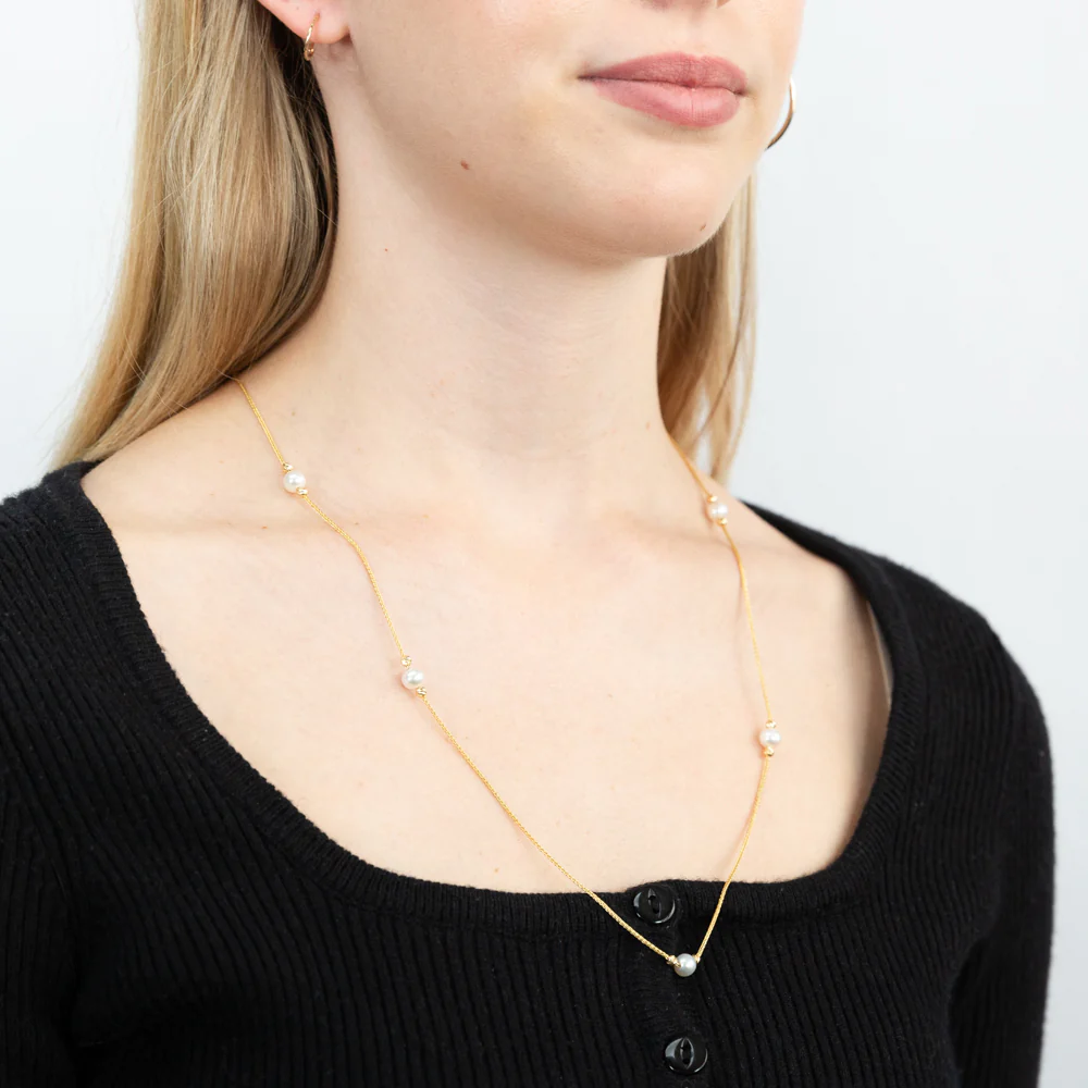9ct Yellow Gold Silver Filled White Beads 25 Gauge Wheat 60cm Adjustable Chain - Image 2