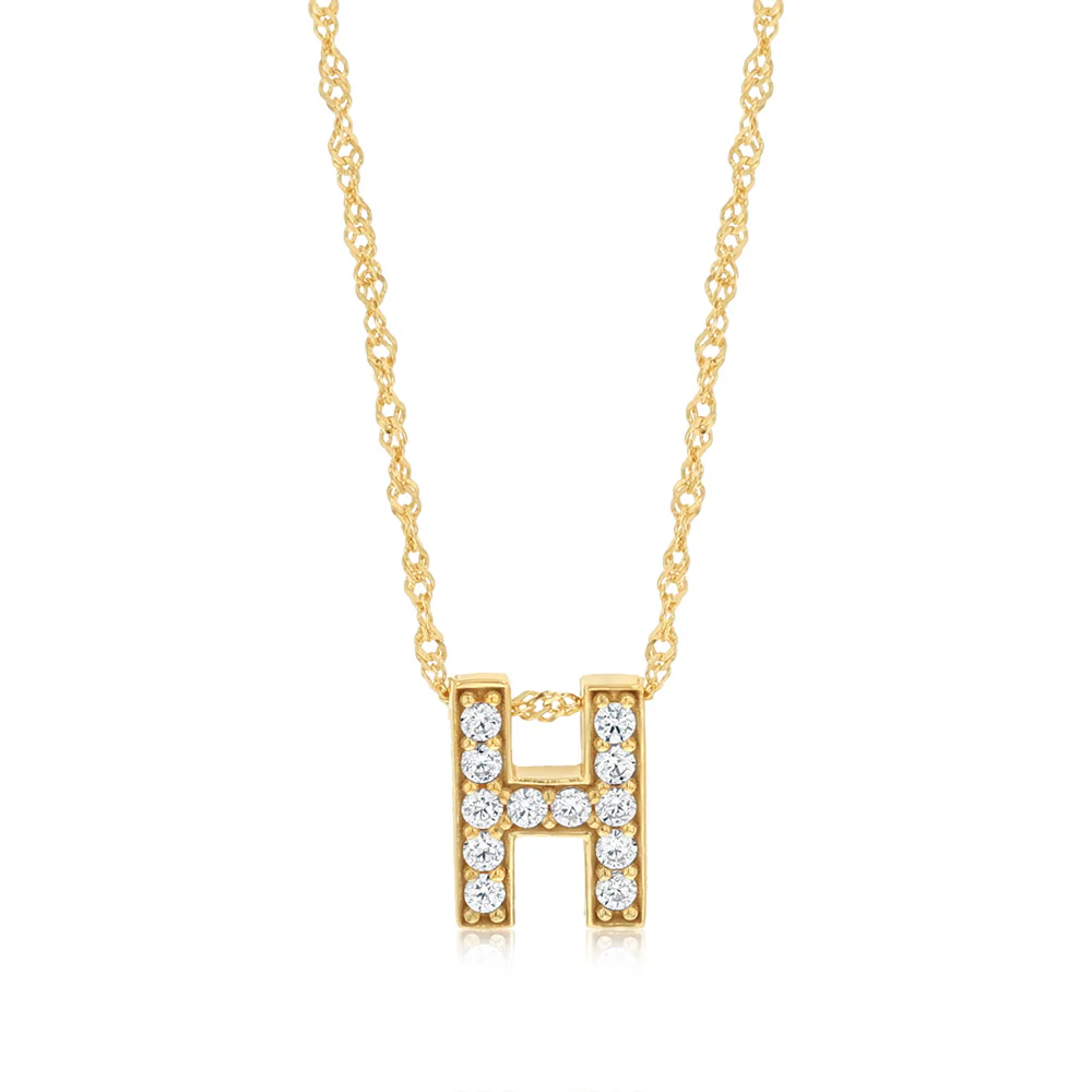 9ct Yellow Gold Silverfilled Cubic Zirconia Initial Letter "H" Pendant On Chain