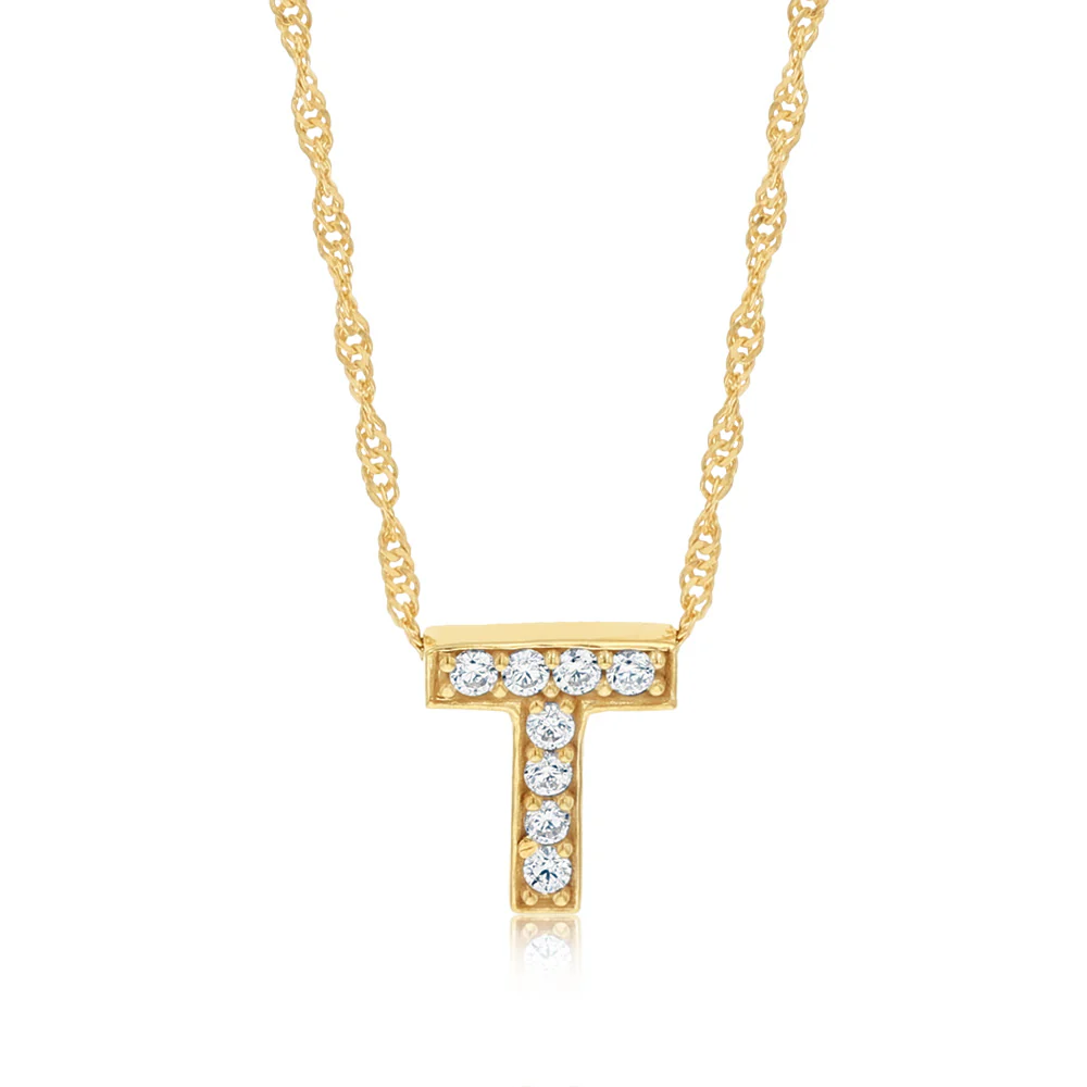 9ct Yellow Gold Silverfilled Cubic Zirconia Initial Letter "T" Pendant On Chain