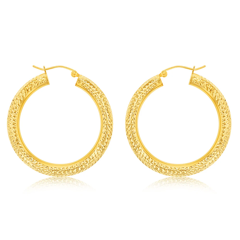 9ct Yellow Gold Silverfilled Diamond Cut 35mm Hoop Earrings