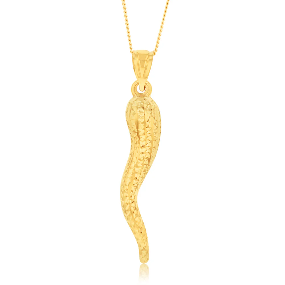 9ct Yellow Gold Silverfilled Diamond Cut 36mm Italian Horn Pendant