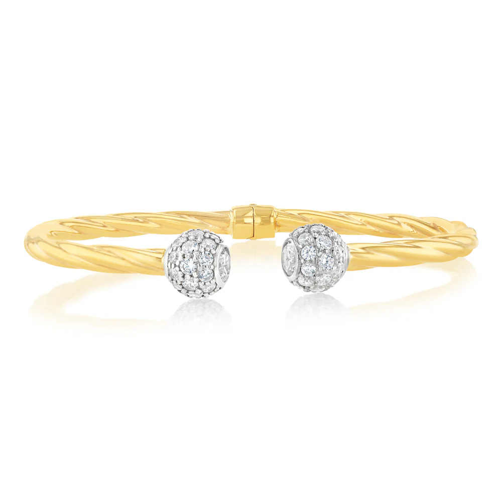 9ct Yellow Gold Silverfilled Diamond Cut Round End Twisted Open Bangle