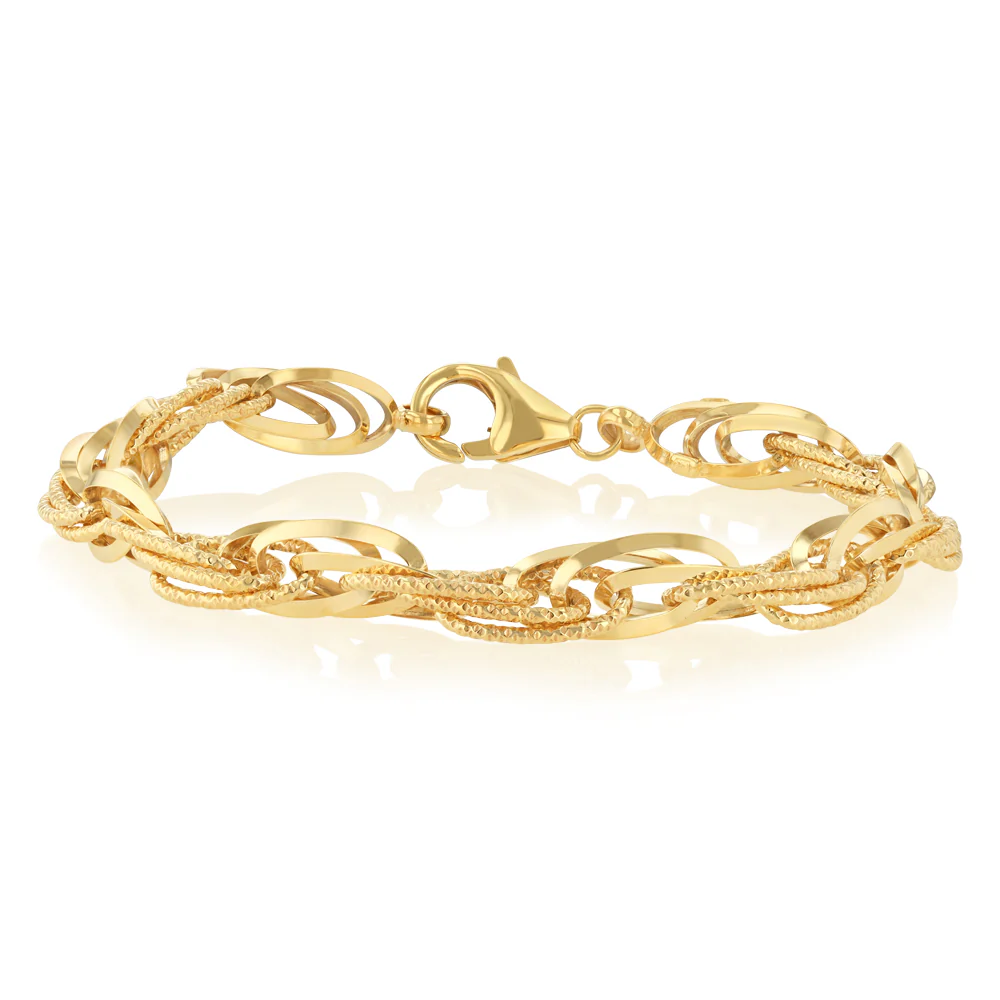 9ct Yellow Gold Silverfilled Fancy Textured And Plain Links 20cm Bracelet