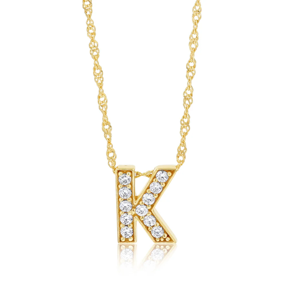 9ct Yellow Gold Silverfilled Initial Letter "K" Pendant On Chain