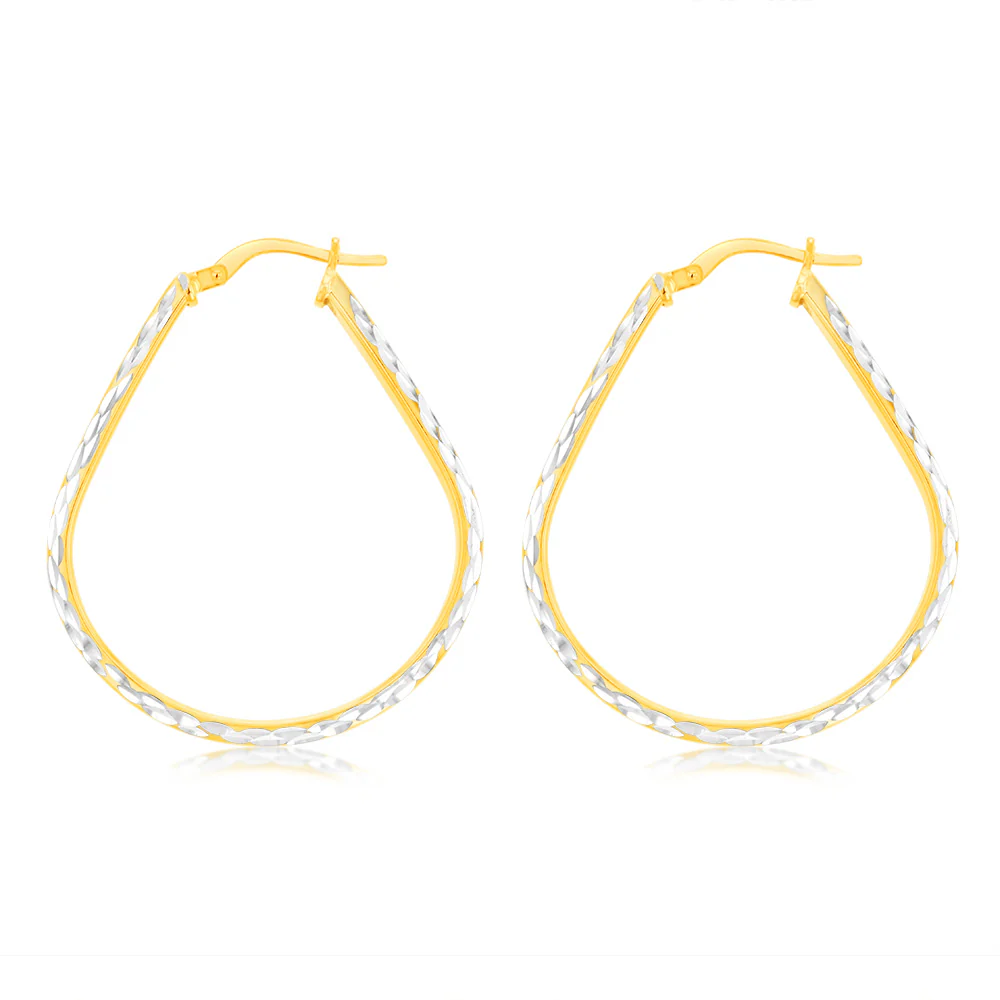 9ct Yellow Gold Silverfilled Textured Pear-Shaped Hoop Earrings