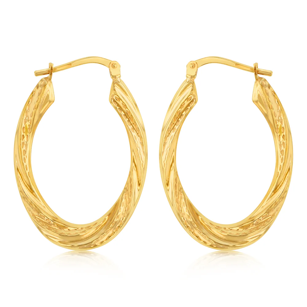 9ct Yellow Gold Silverfilled Textured Twisted Hoop Earrings