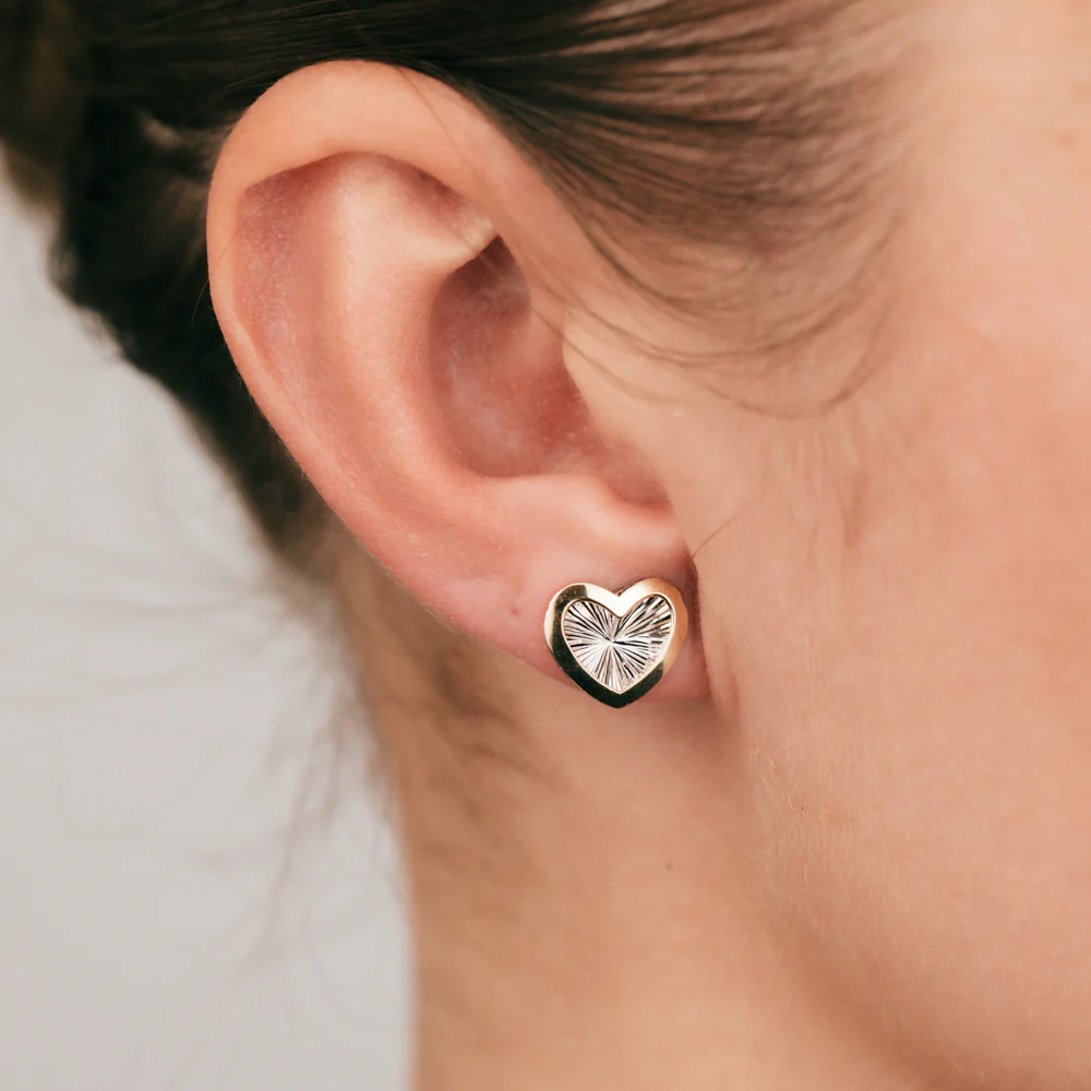 9ct Yellow Gold Textured Two Tone Heart Stud Earrings