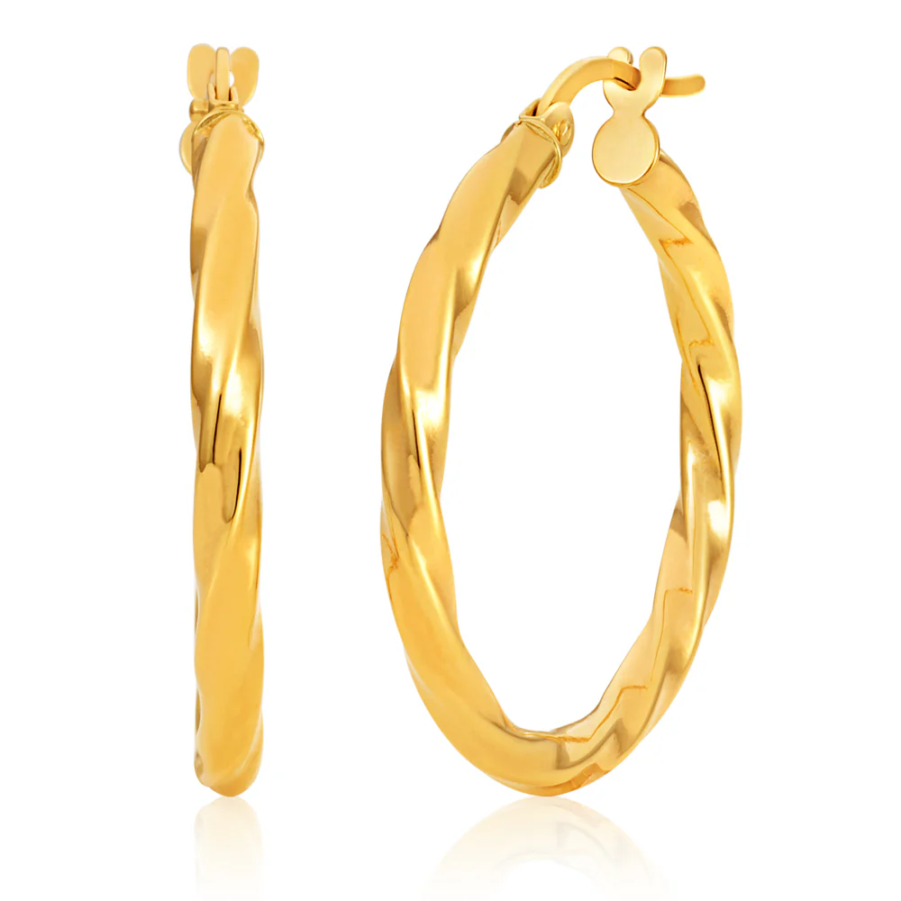 9ct Yellow Gold Twist 20mm Hoop Earrings