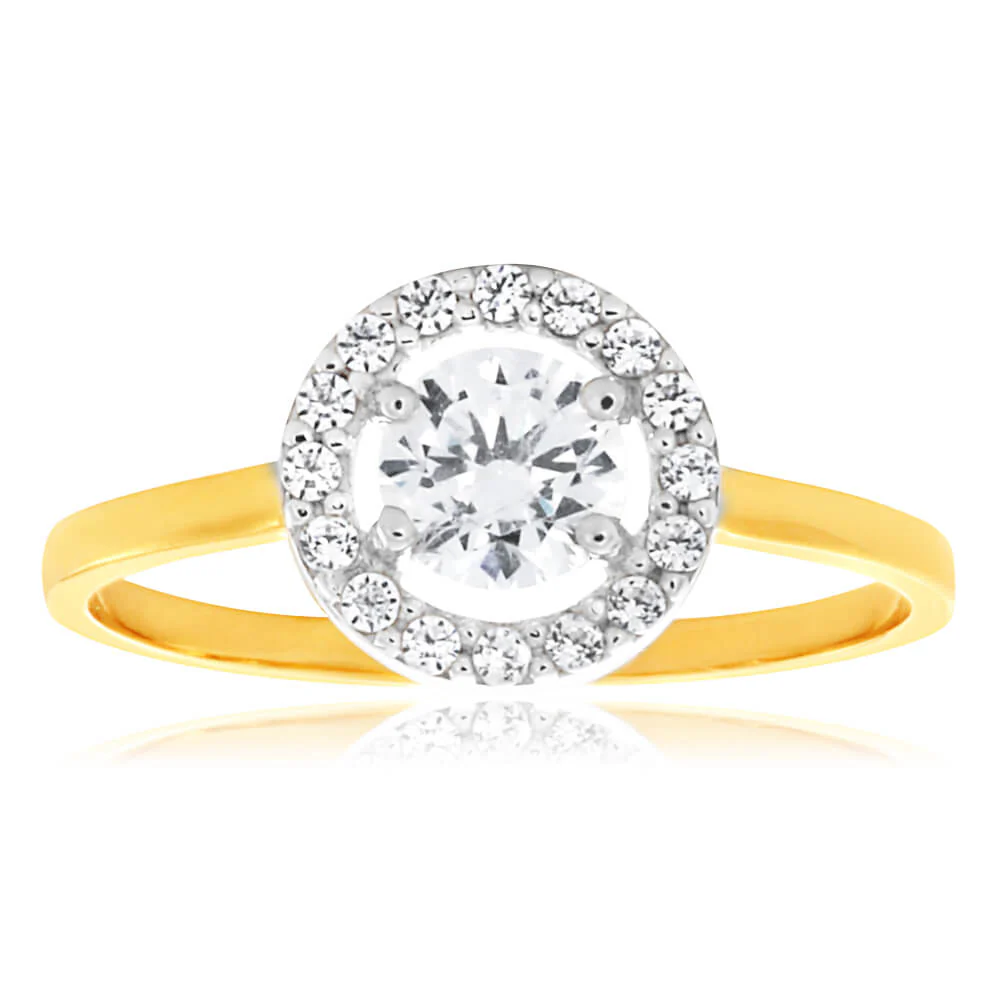 9ct Yellow Gold & White Gold Cubic Zirconia Round Halo Ring