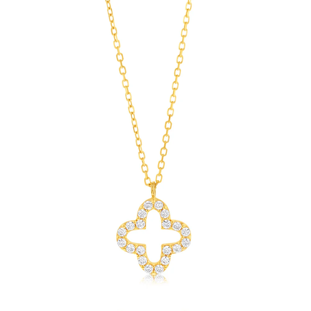 9ct Yellow Gold Zirconia Open Flower Pendant On Chain