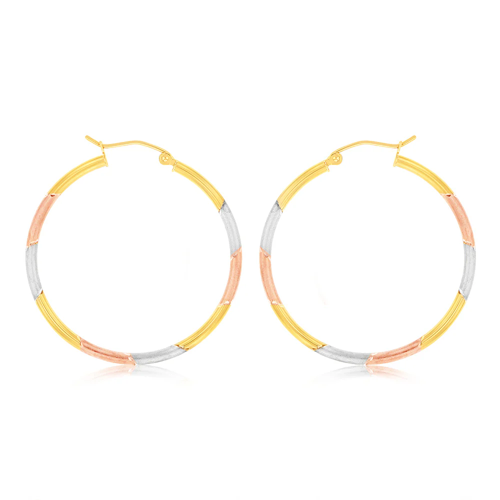 9ct Yellow Rose And White Gold Tri Colour  Super Light Diamond Cut Tube Hoop Earrings