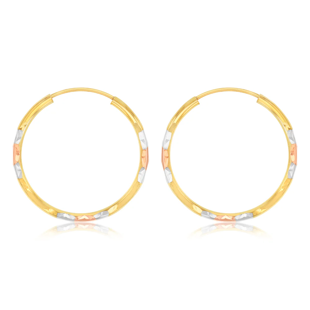 9ct Yellow White And Rose Gold Tricolour Silverfilled Diamond Cut 1.8 X 25mm Hoop Earrings