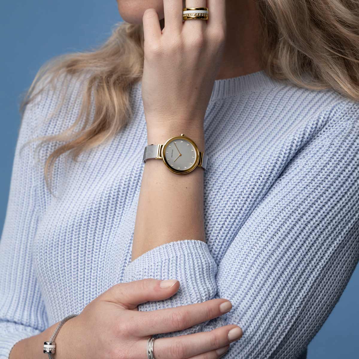 Bering Classic Polished Gold Silver Mesh Watch - Image 6