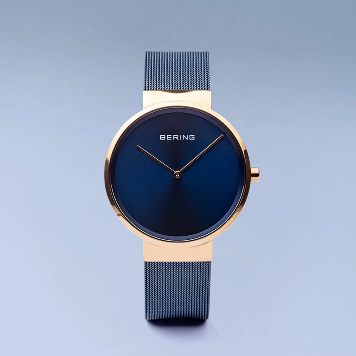 Bering Classic Polished Rose Gold 39mm Blue Mesh Watch - Image 3
