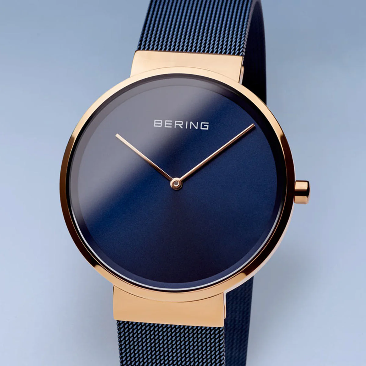 Bering Classic Polished Rose Gold 39mm Blue Mesh Watch - Image 4