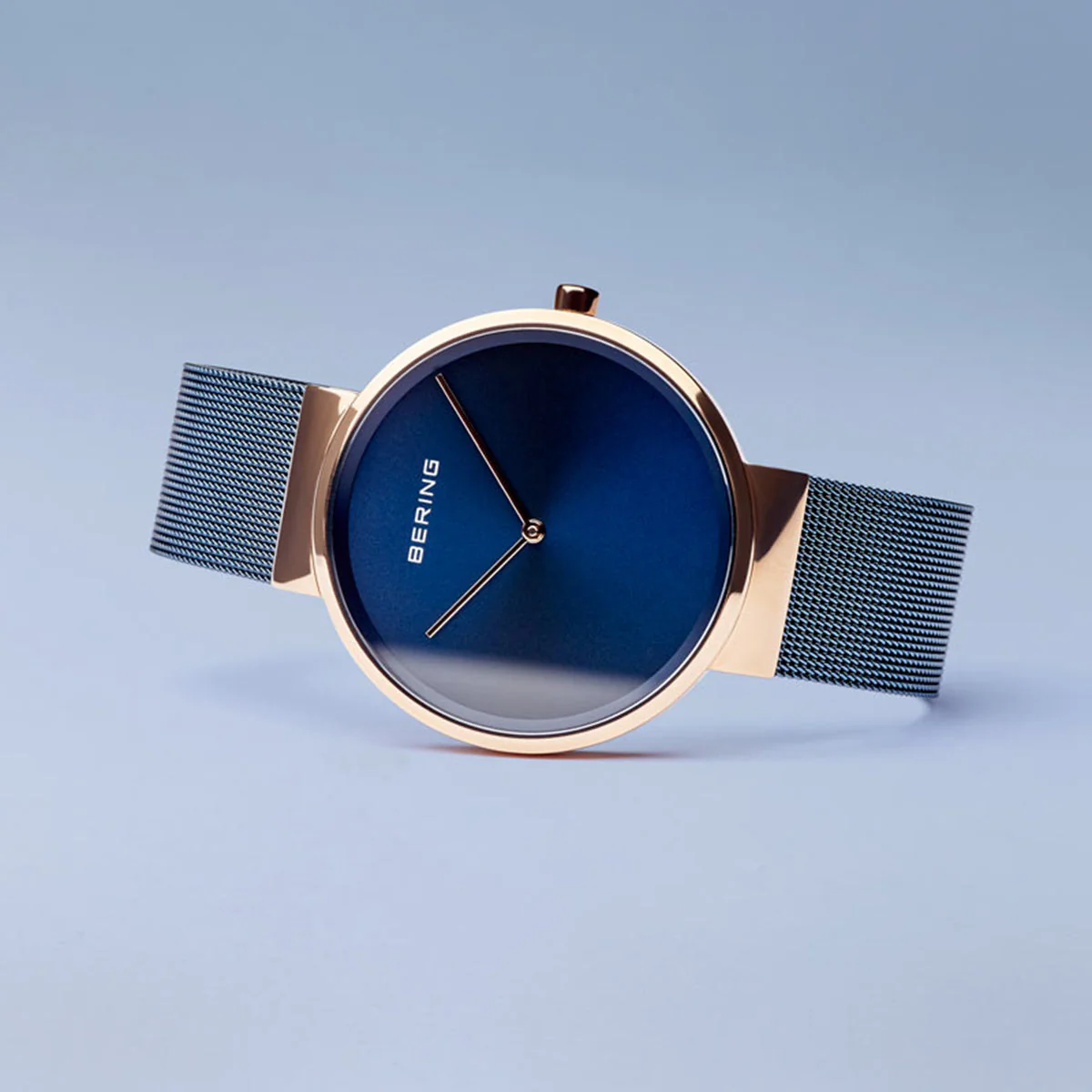 Bering Classic Polished Rose Gold 39mm Blue Mesh Watch - Image 5