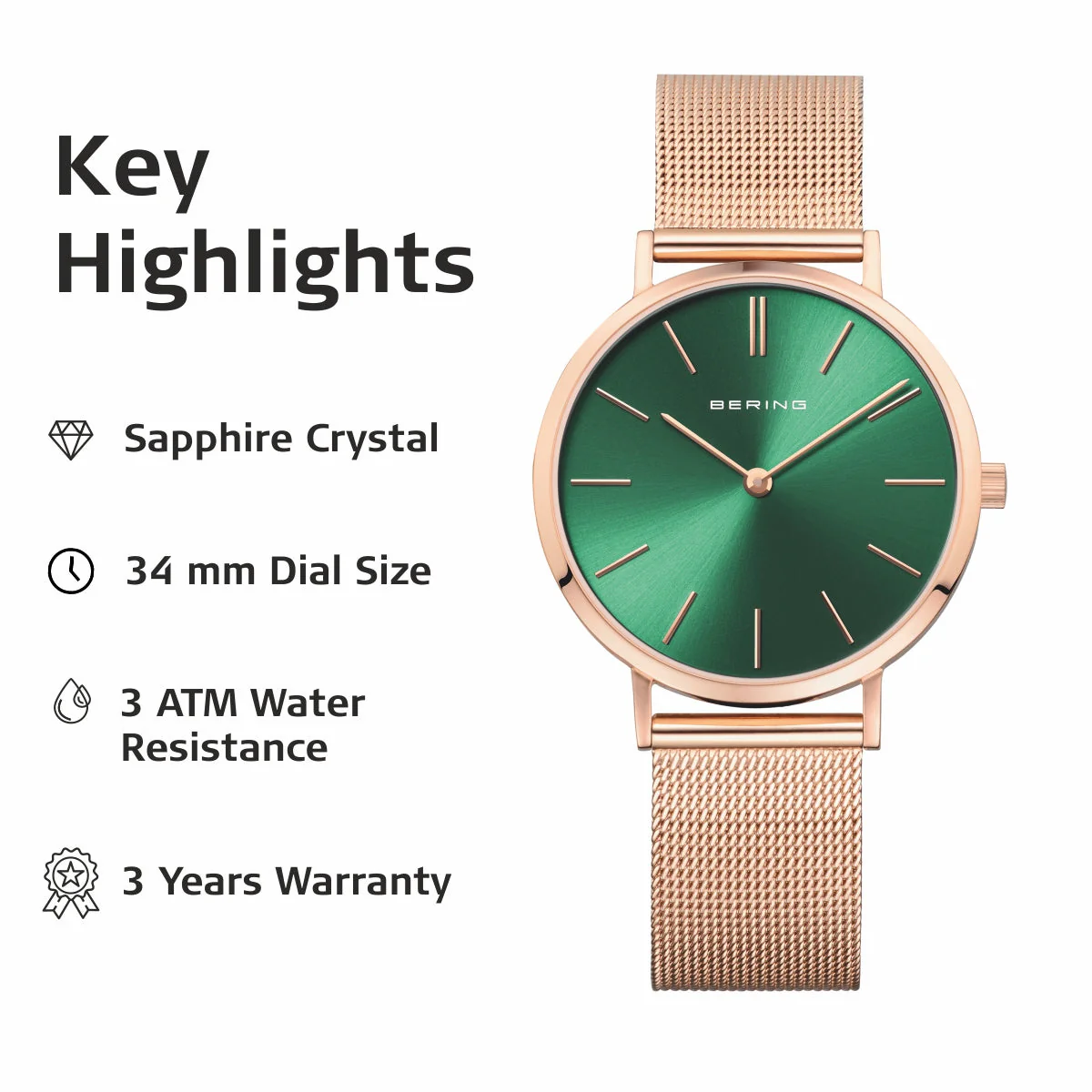 Bering Rose Gold Polished Green Watch - Image 7