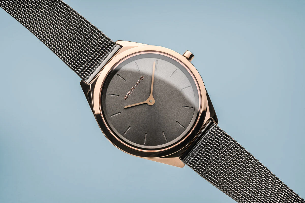 Bering Ultra Slim Polished Rose Gold Grey Mesh Watch - Image 5