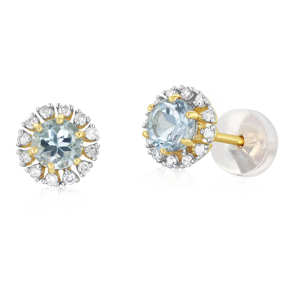 Blue Topaz and Diamond Stud Earrings in 9ct Yellow Gold