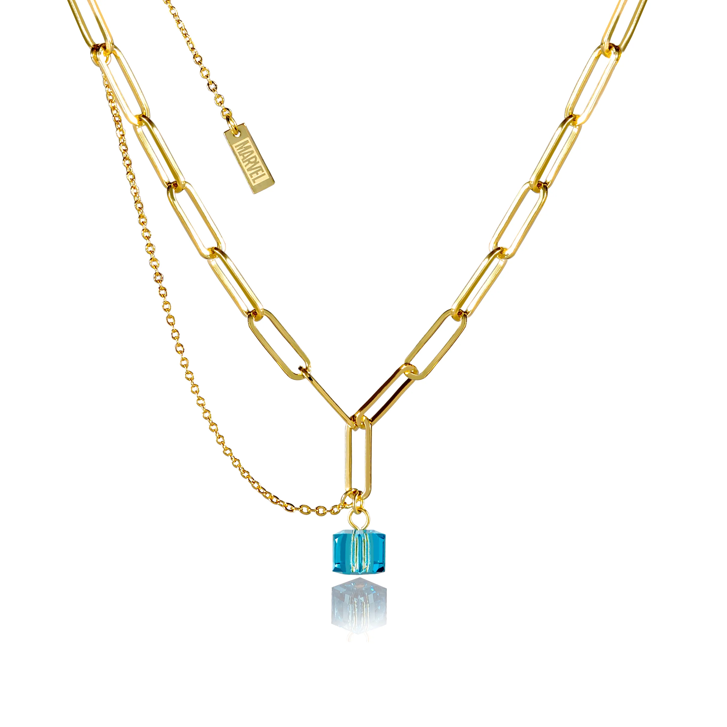 Couture Kingdom Disney Stainless Steel 14ct Gold Plated Tesseract Blue Crystal Pendant On 45cm Chain