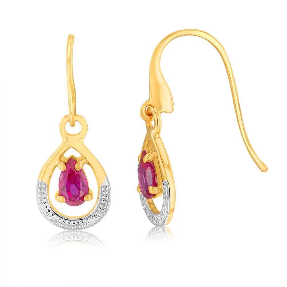 Created Pear Cut Ruby & Small Diamond Drop Earrings in 9ct Yellow gold