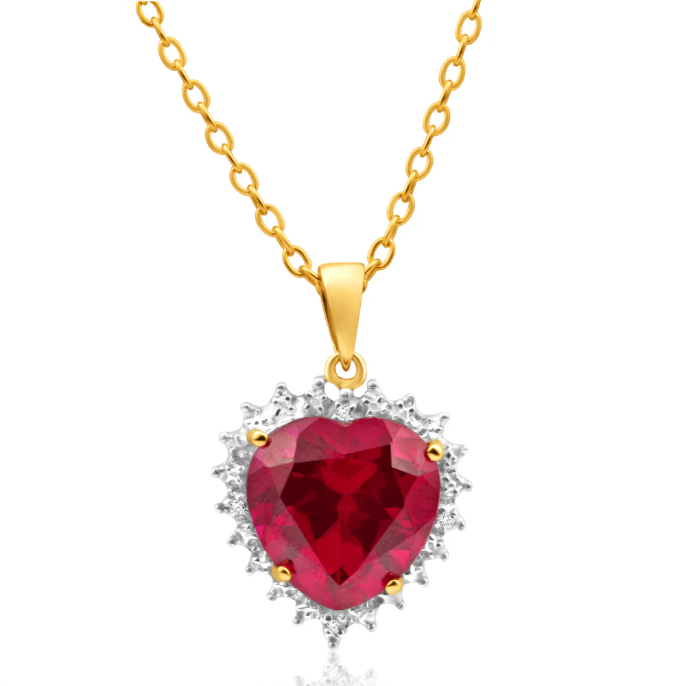 Created Ruby and Diamond Heart Pendant in 9ct Yellow Gold
