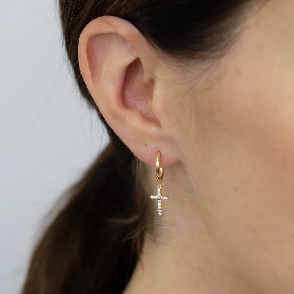 Cubic Zirconia Cross Drop Earrings in 9ct Yellow Gold