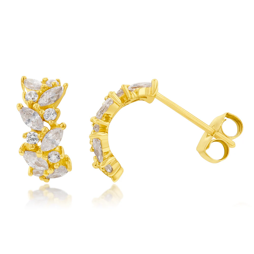 Cubic Zirconia On Leaf Patterned Half Hoop Earrings in 9ct Yellow Gold