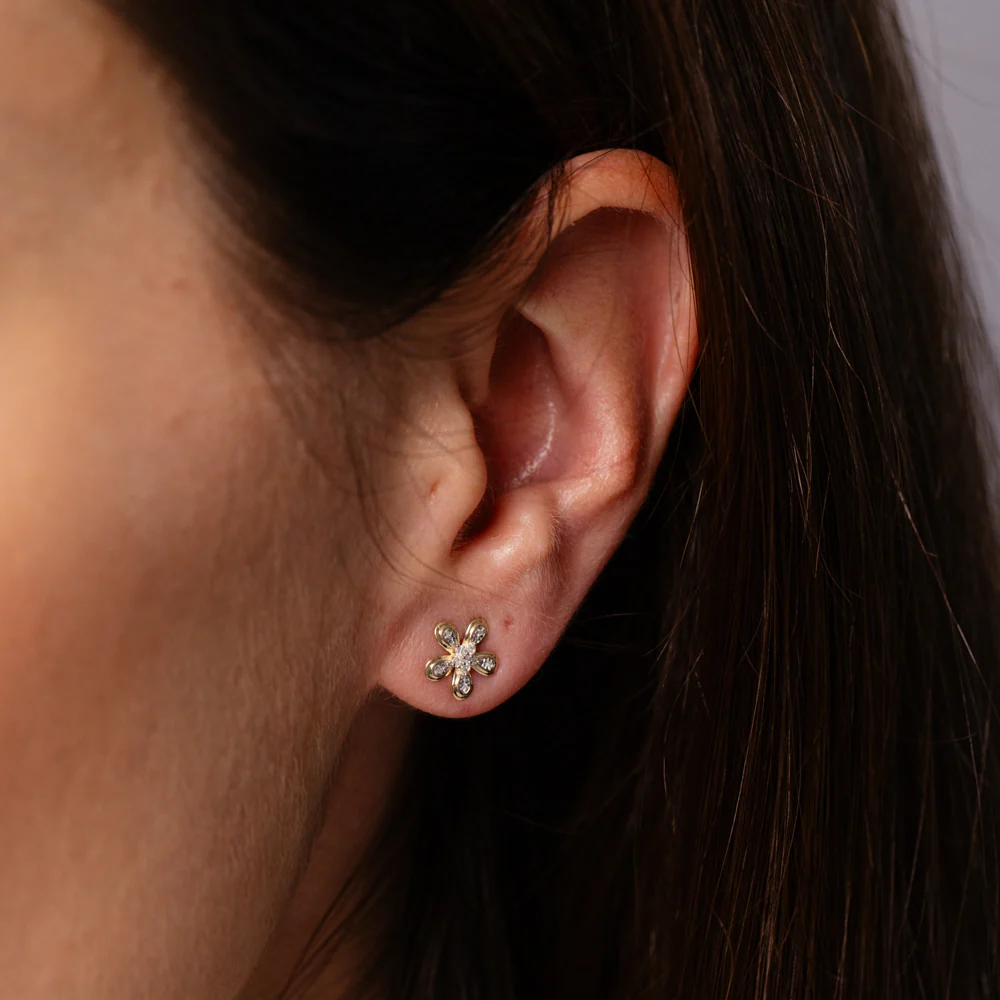 Diamond Flower Stud Earrings in 9ct Yellow Gold - Image 2