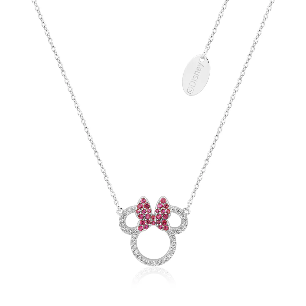 Disney Rhodium Plated Sterling Silver Minnie Mouse CZ Outline Red Pendant On Chain