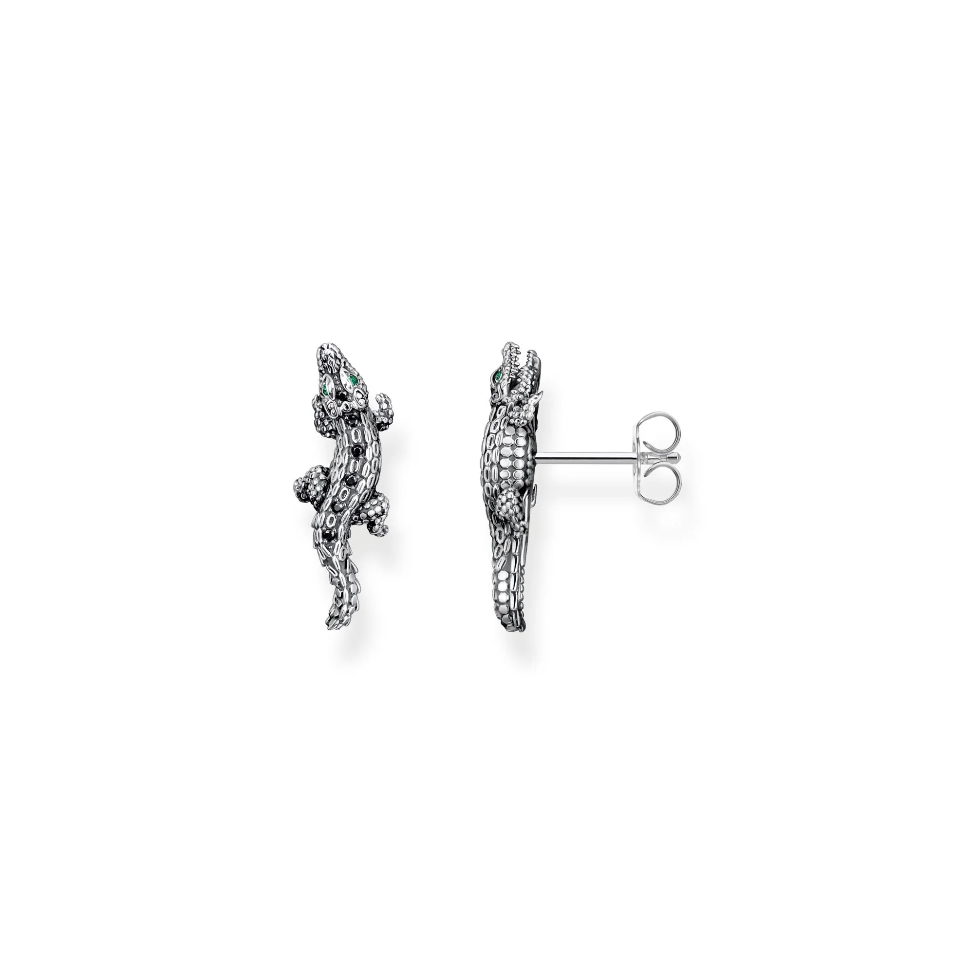 Ear Studs Crocodile with Stones Silver Blackened