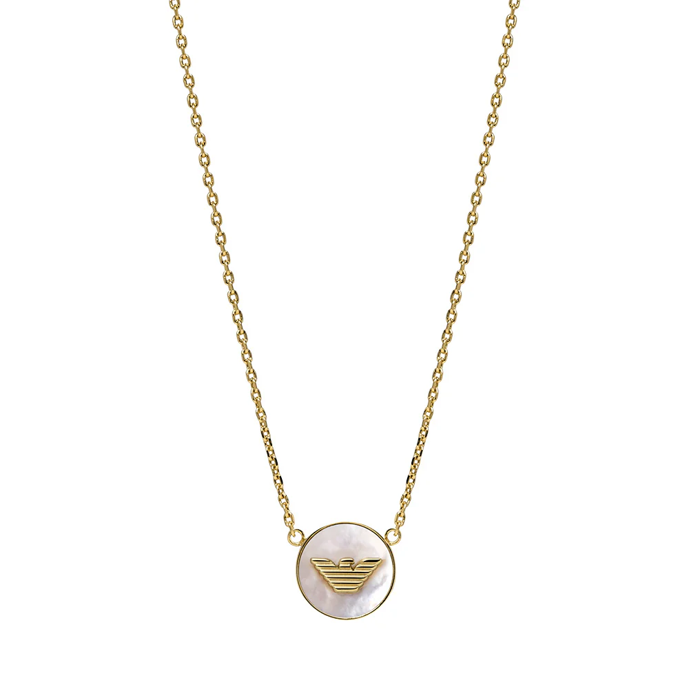 Emporio Armani Gold Plated Brass Mother Of Pearl Eagle Logo Pendant On Chain